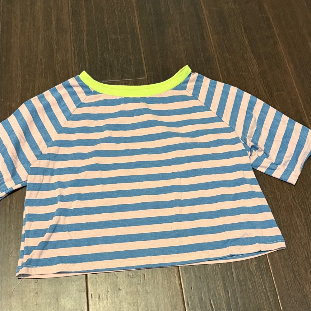 Blue and pink Striped Crop Top with Neon Lime Neckline